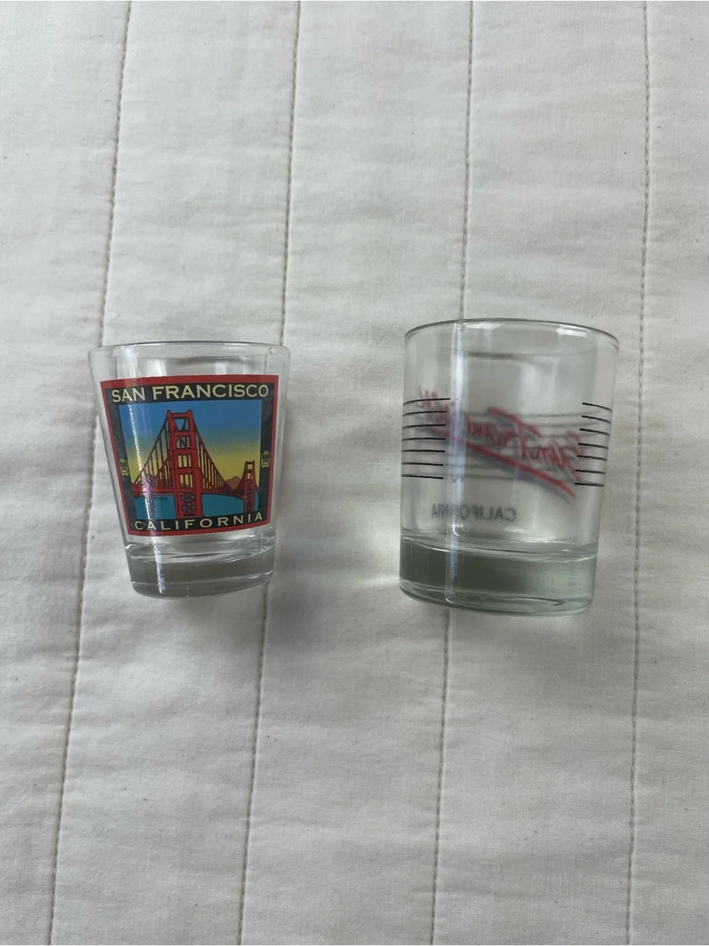 San Francisco California Shot Glasses Clear Glass with Red & Blue Graphics